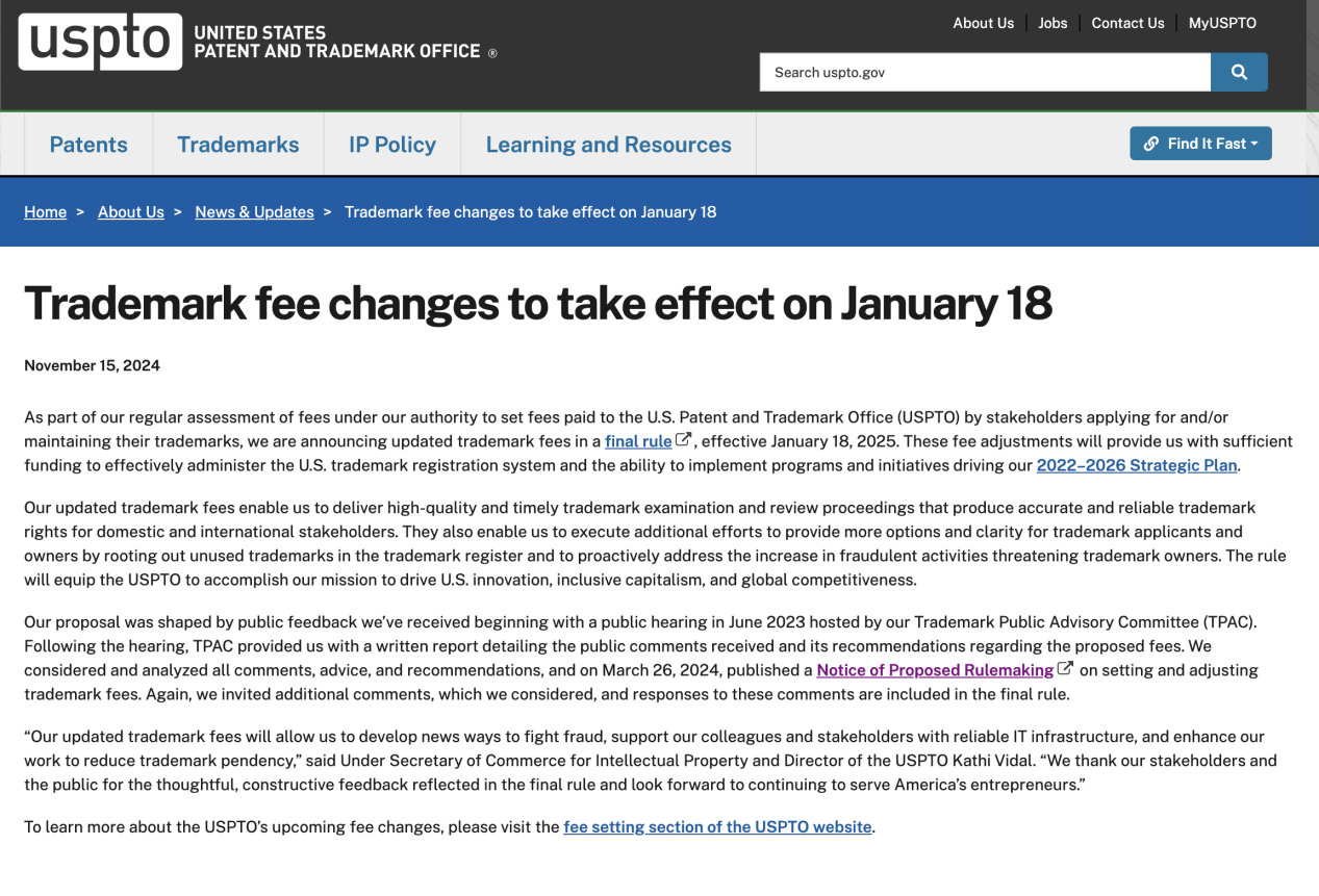 重大官宣！美国商标于2025年1月18号正式涨费！